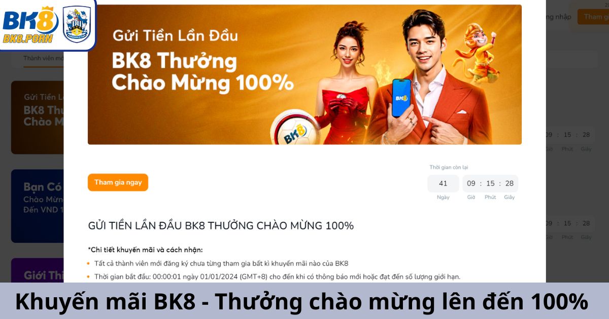 Chương trình thưởng chào mừng 100% khi gửi tiền lần đầu tại BK8